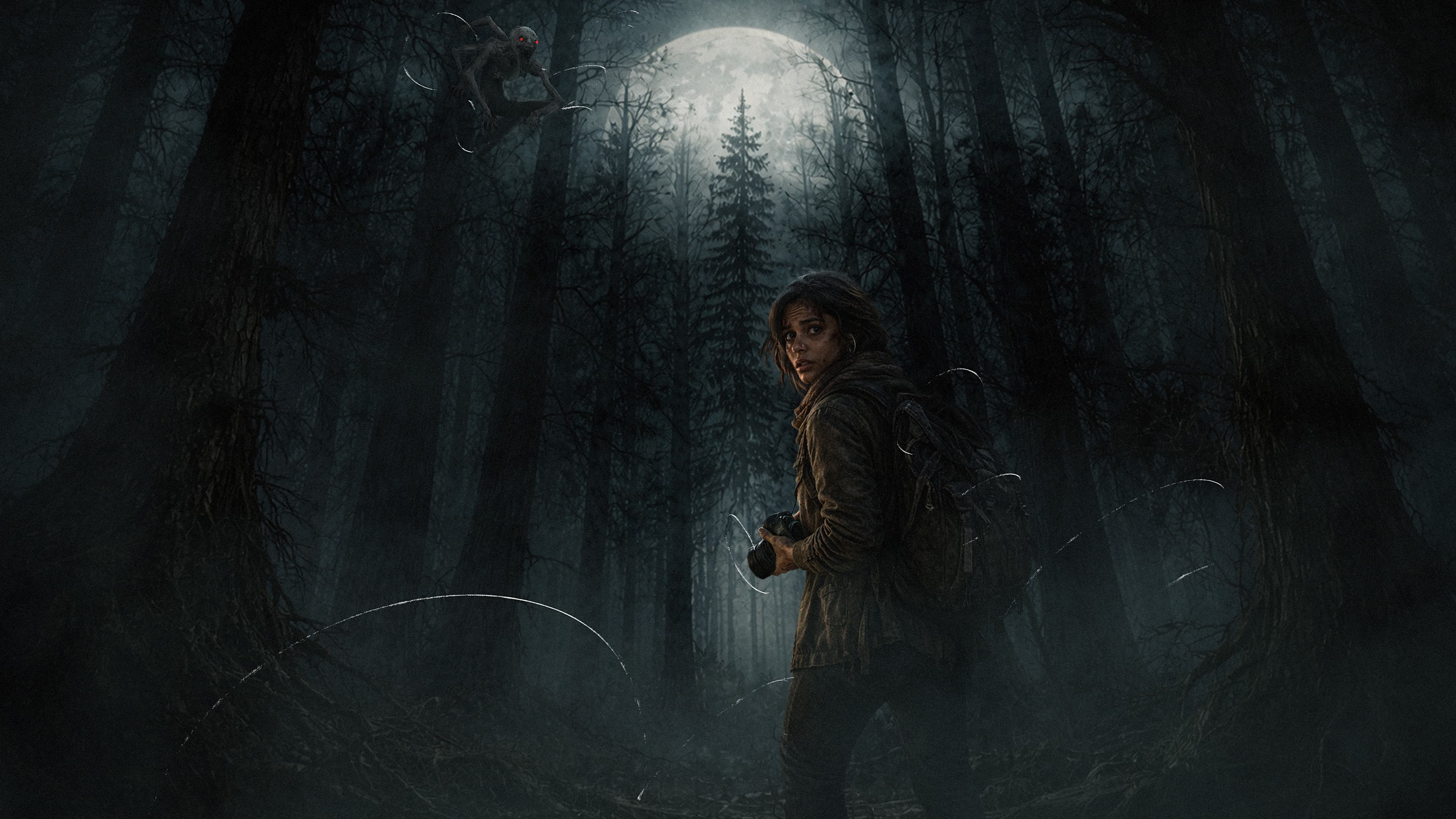 A lone survivor stalked by a creature in the forest